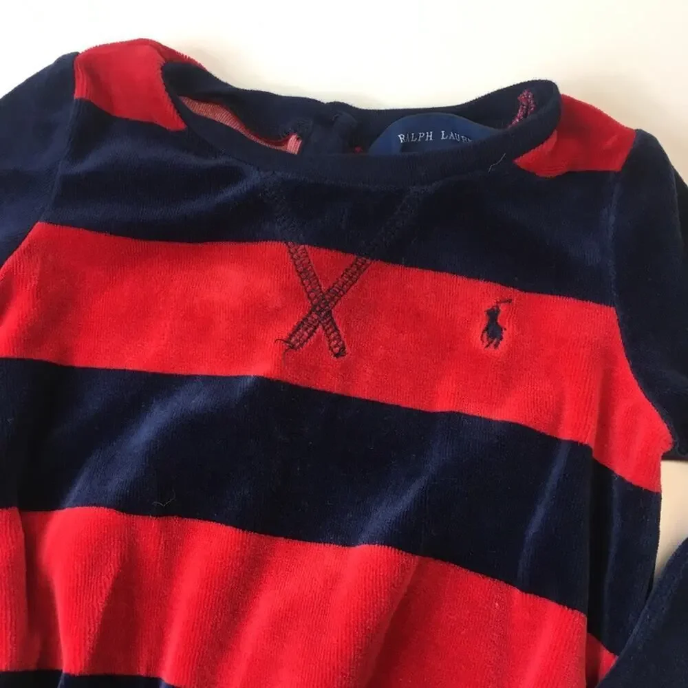Ralph Lauren Dress sz 18 m Red and Blue Stripe Long Sleeve Tunic Dress Velour